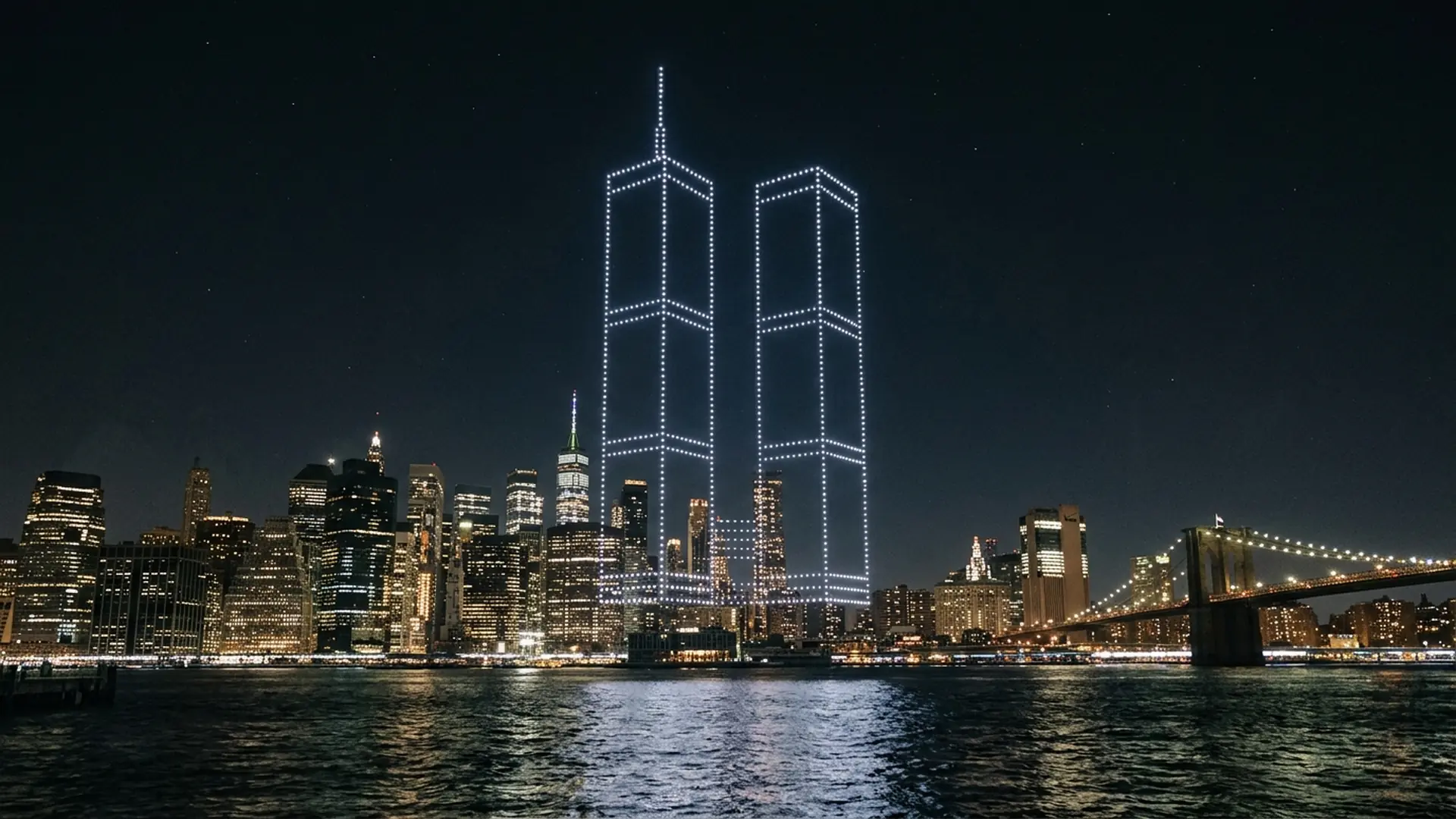 2.977 drones herbouwen de Twin Towers in licht boven New York Harbor