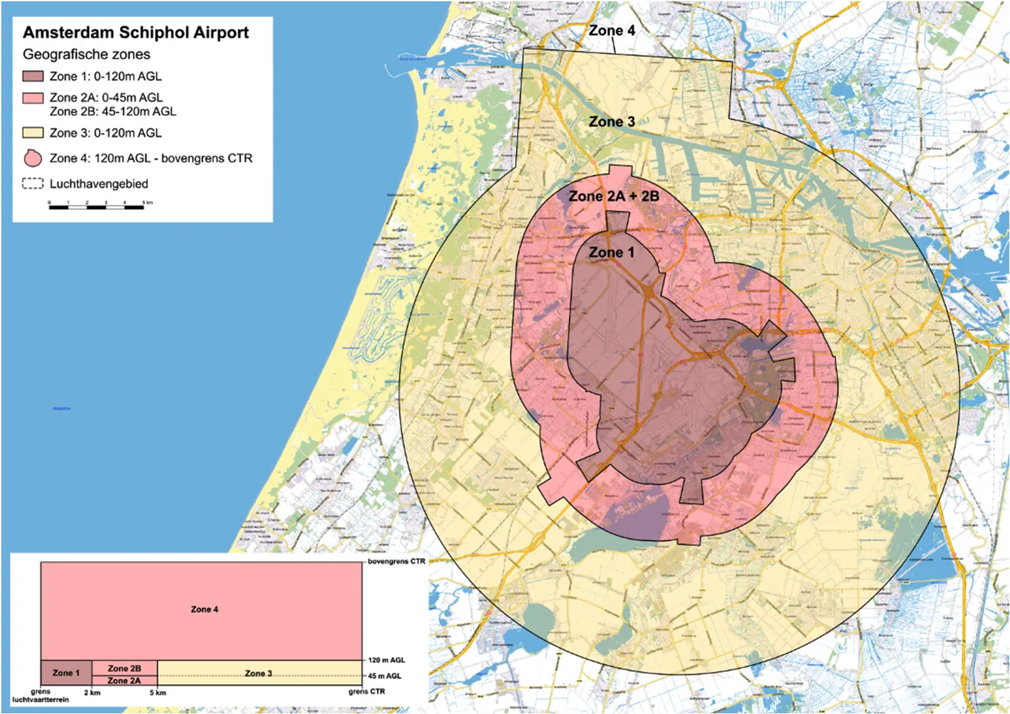 Kaart van de nieuwe zonering rond Amsterdam Schiphol met de zones 1, 2A, 2B, 3 en 4