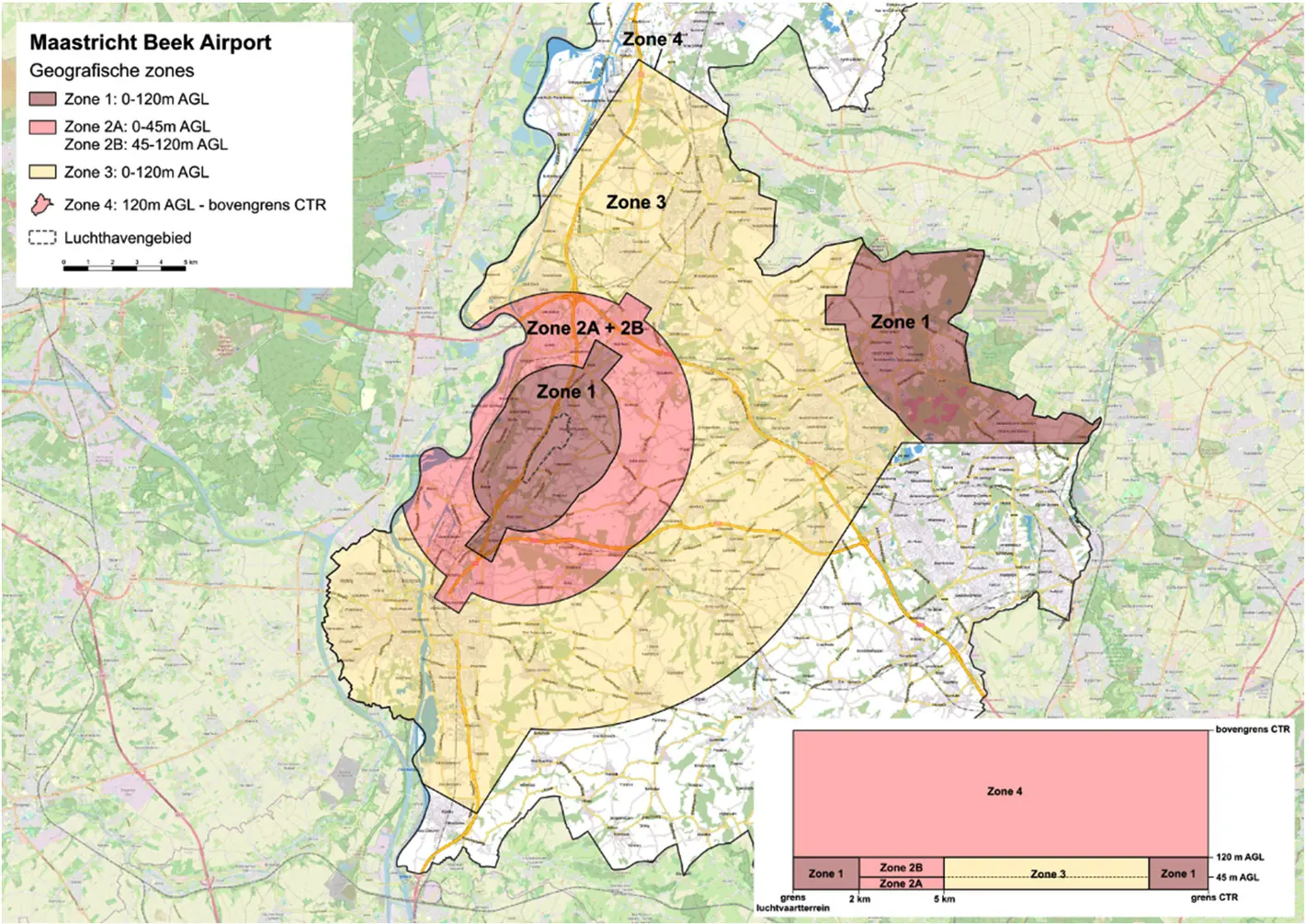Kaart van de nieuwe zonering rond Maastricht Aachen Airport
