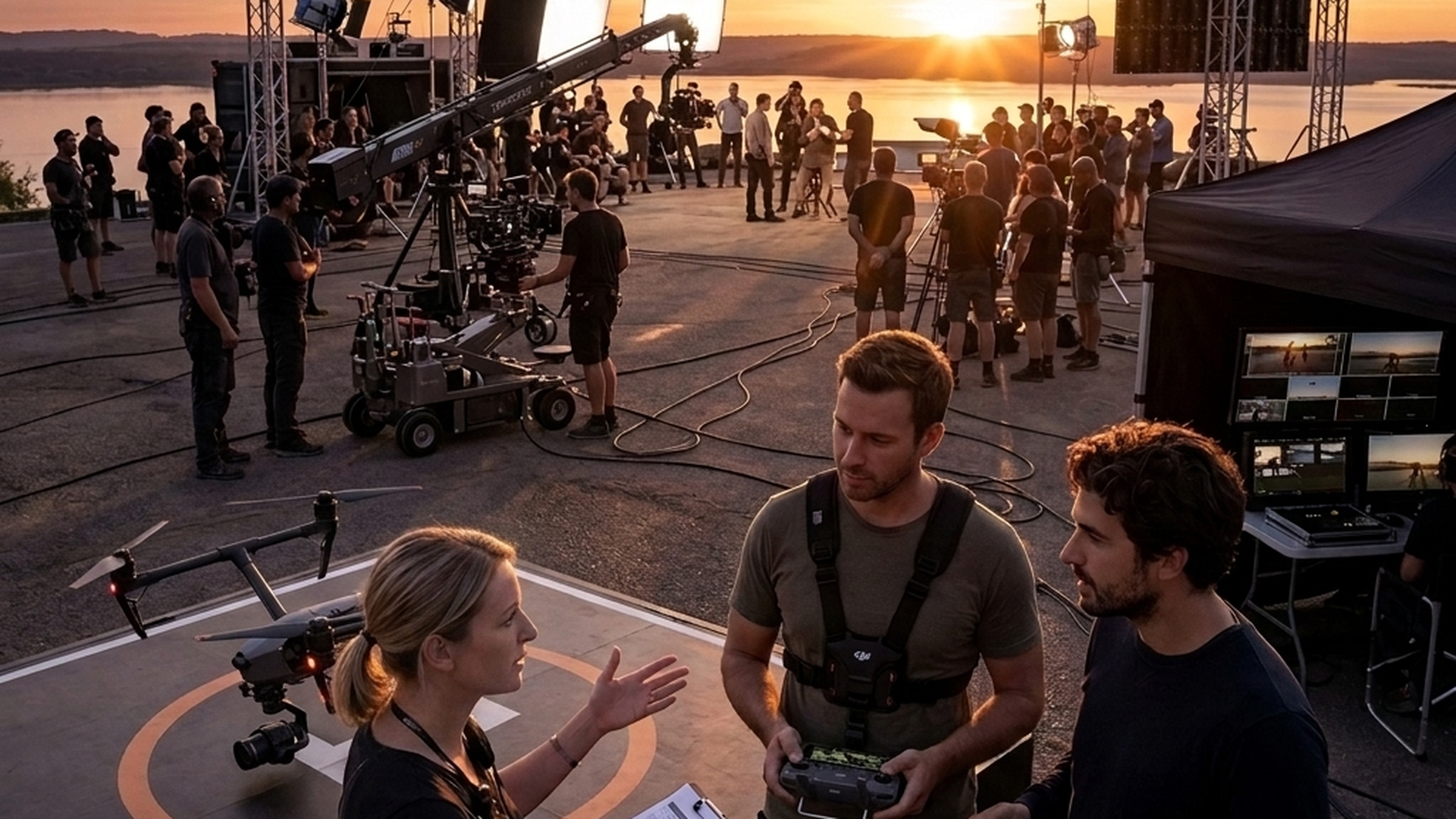 1st AD en drone-operators op de filmset