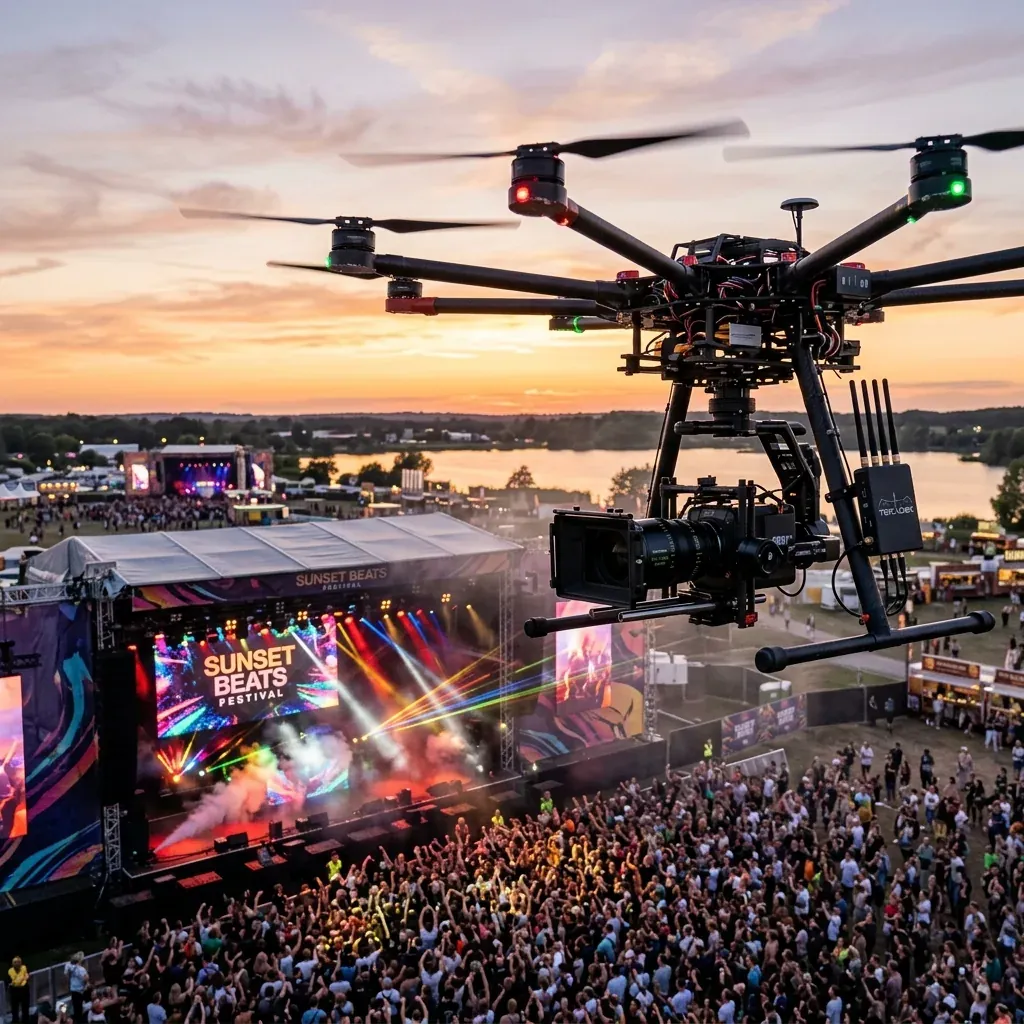 Live broadcast drone boven een festivalpodium bij avondlicht