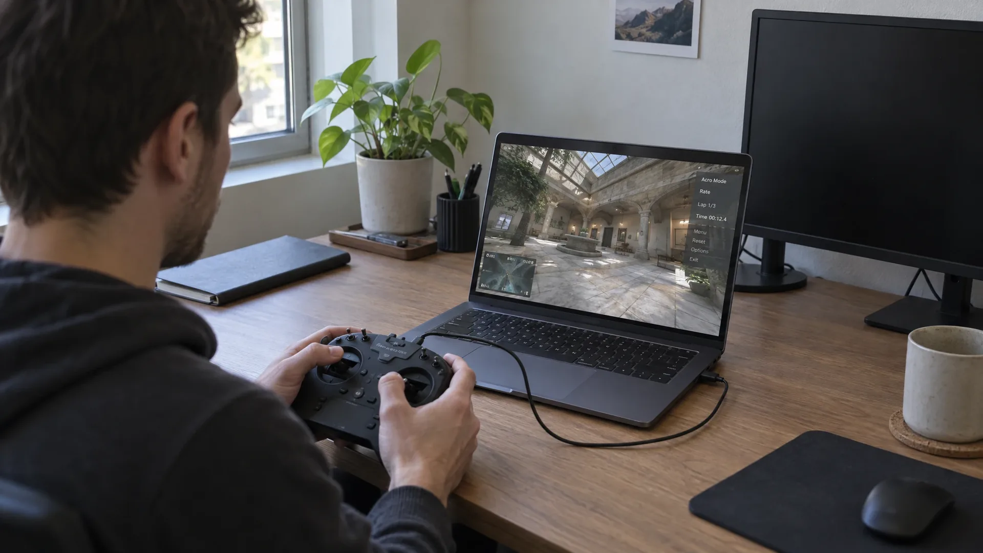 Persoon zit achter een laptop met daarop een gescande 3D-omgeving, terwijl een zwarte handheld FPV-zender via USB op de computer is aangesloten